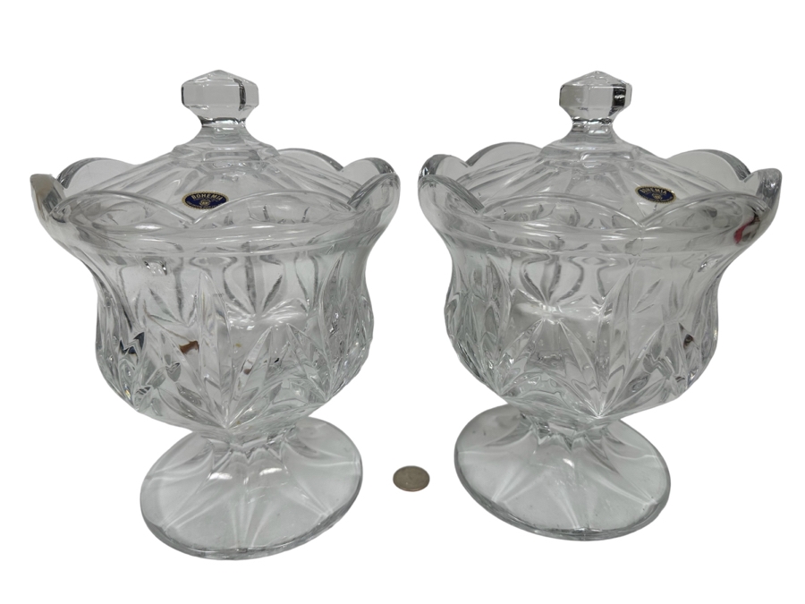 Pair Of Footed Crystal Jars Bohemia Czech Republic 7W X 10H
