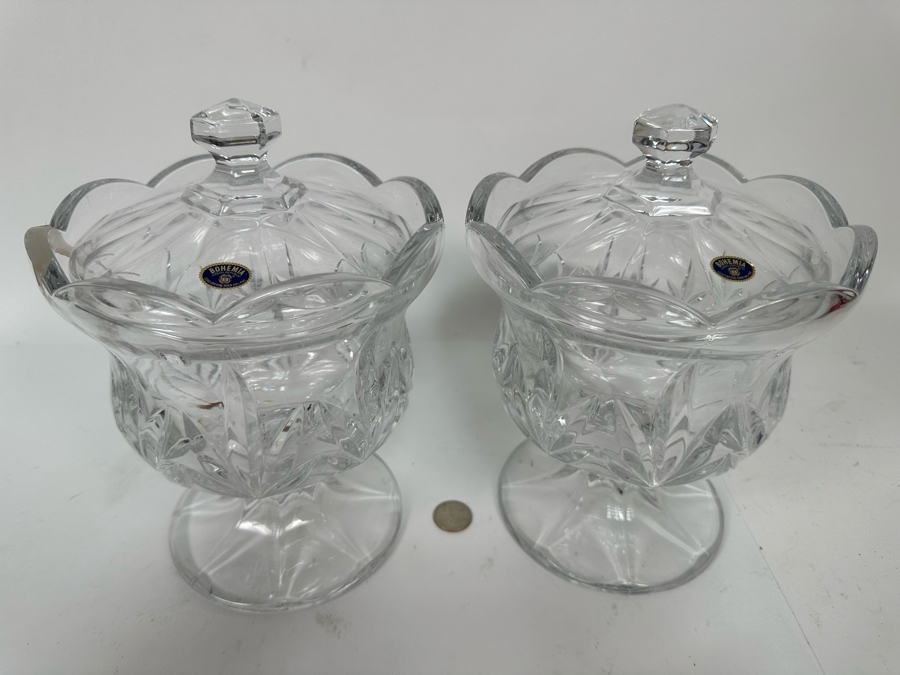 Pair Of Footed Crystal Jars Bohemia Czech Republic 7W X 10H [Photo 4]