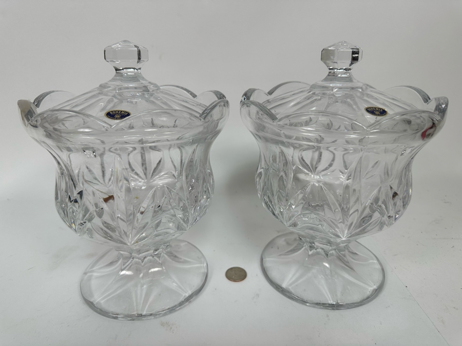 Pair Of Footed Crystal Jars Bohemia Czech Republic 7W X 10H [Photo 2]