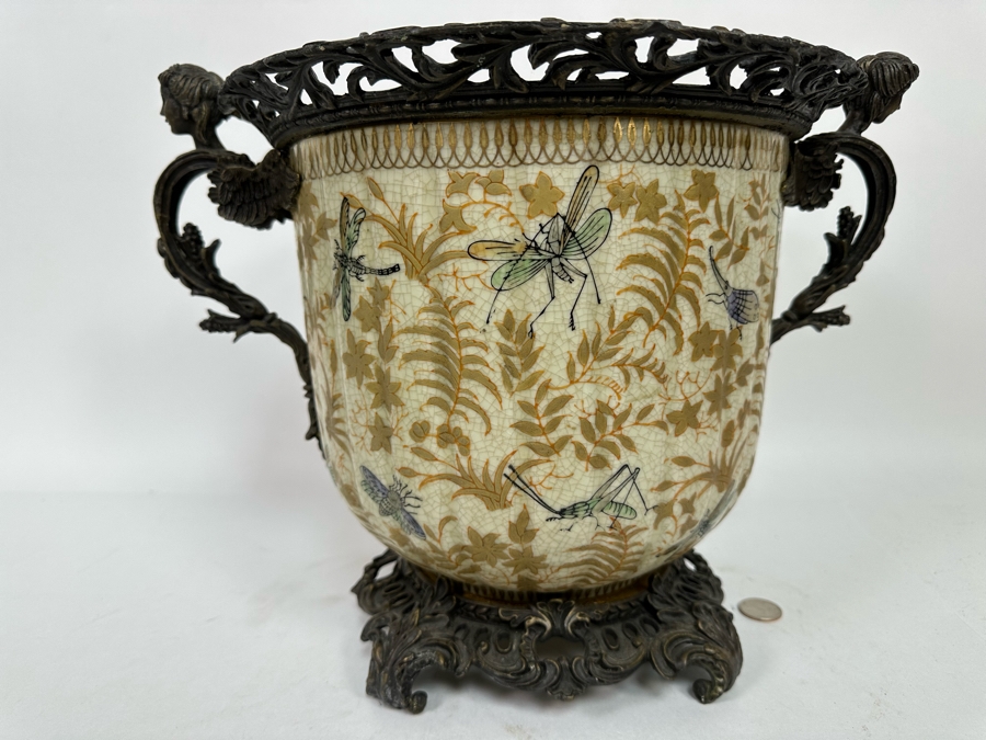 Large Porcelain Footed Pot With Brass Ornamentation 15W X 11H [Photo 10]