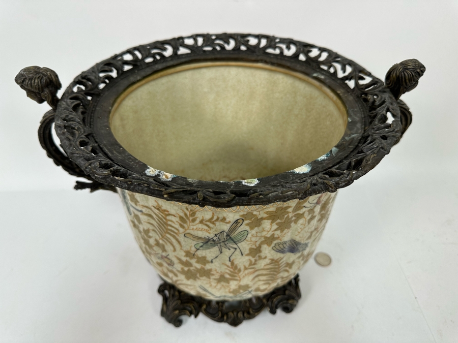 Large Porcelain Footed Pot With Brass Ornamentation 15W X 11H [Photo 9]