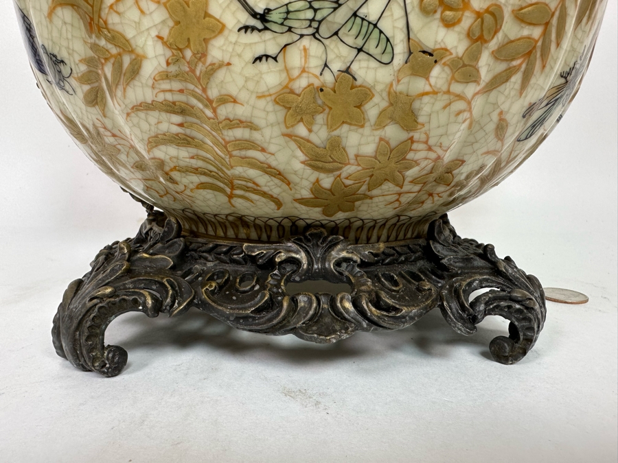 Large Porcelain Footed Pot With Brass Ornamentation 15W X 11H [Photo 7]