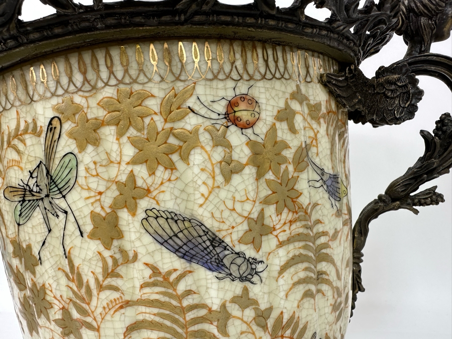 Large Porcelain Footed Pot With Brass Ornamentation 15W X 11H [Photo 5]