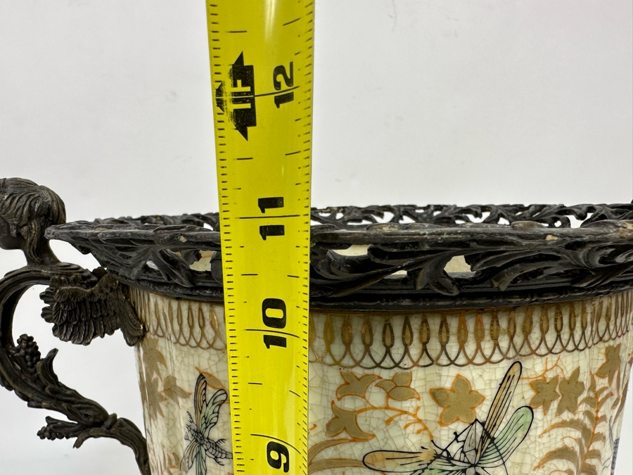 Large Porcelain Footed Pot With Brass Ornamentation 15W X 11H [Photo 13]