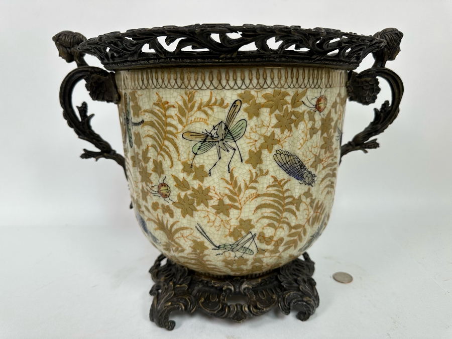 Large Porcelain Footed Pot With Brass Ornamentation 15W X 11H [Photo 2]