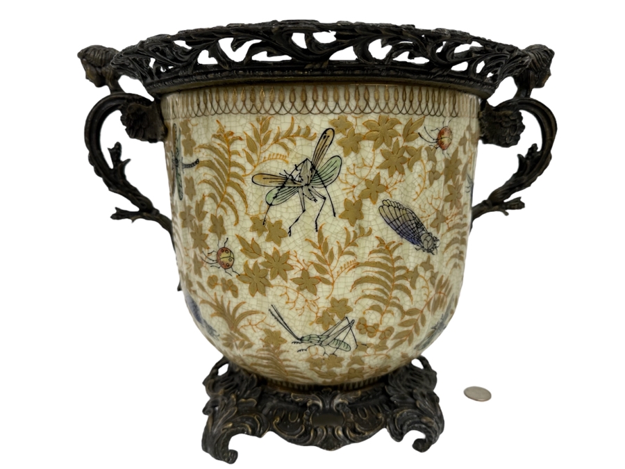 Large Porcelain Footed Pot With Brass Ornamentation 15W X 11H [Photo 1]