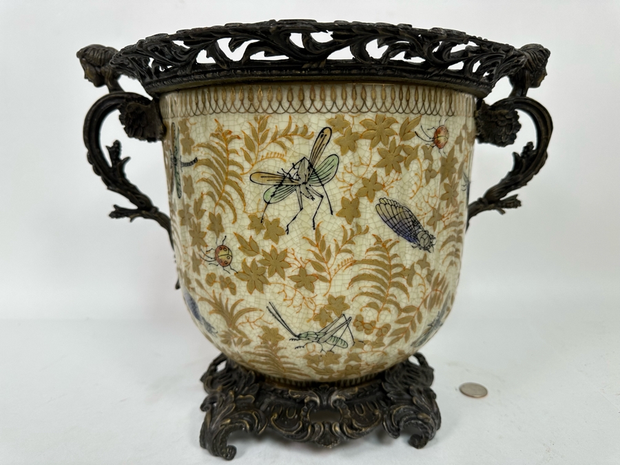 Large Porcelain Footed Pot With Brass Ornamentation 15W X 11H [Photo 3]