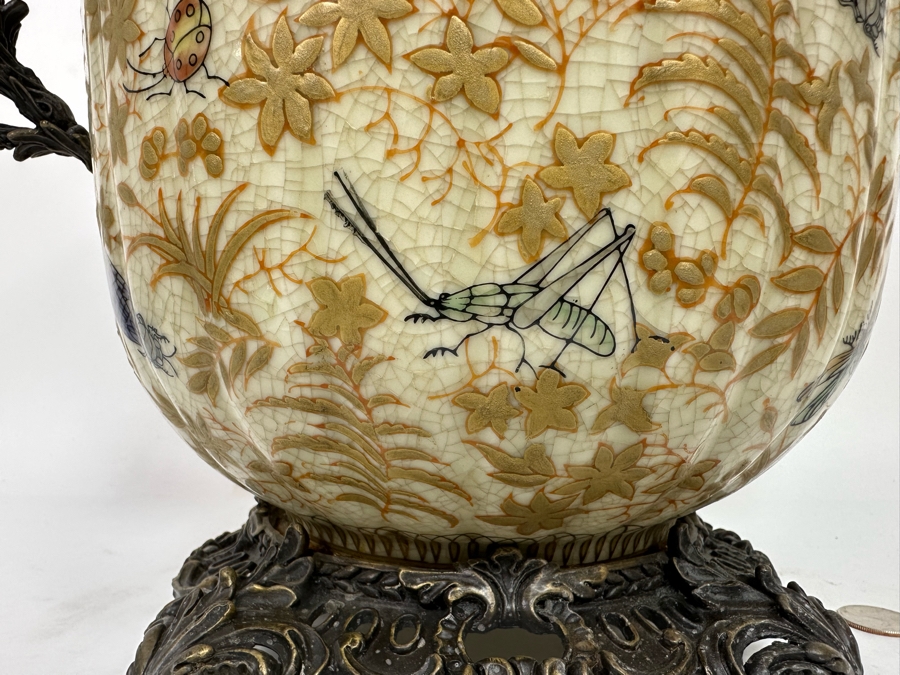 Large Porcelain Footed Pot With Brass Ornamentation 15W X 11H [Photo 6]