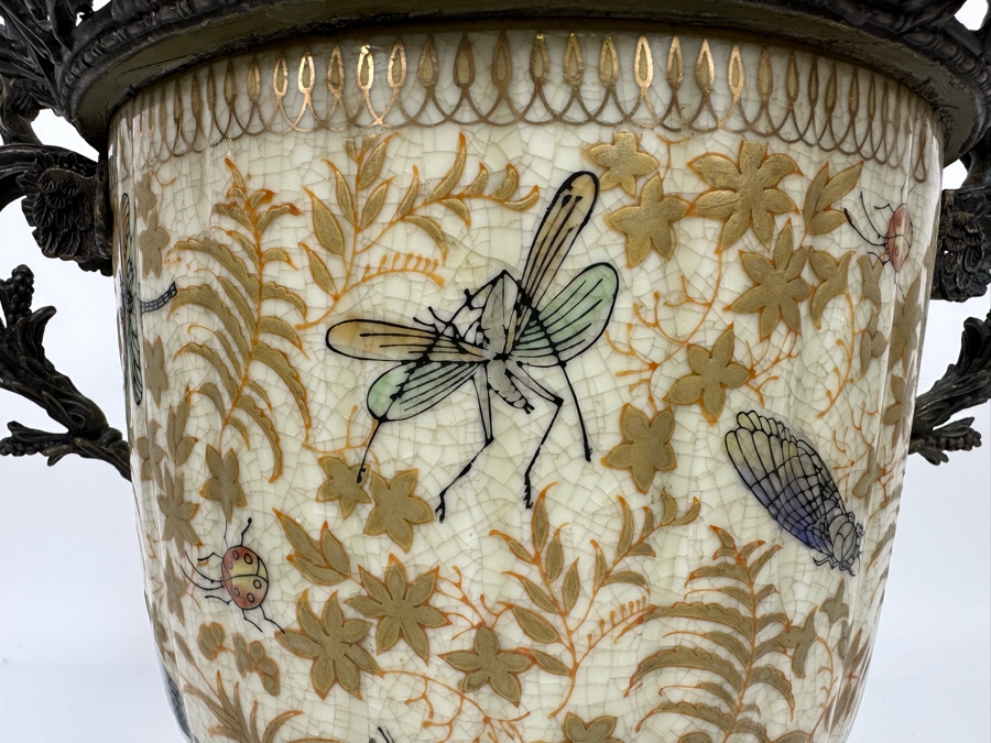 Large Porcelain Footed Pot With Brass Ornamentation 15W X 11H [Photo 4]