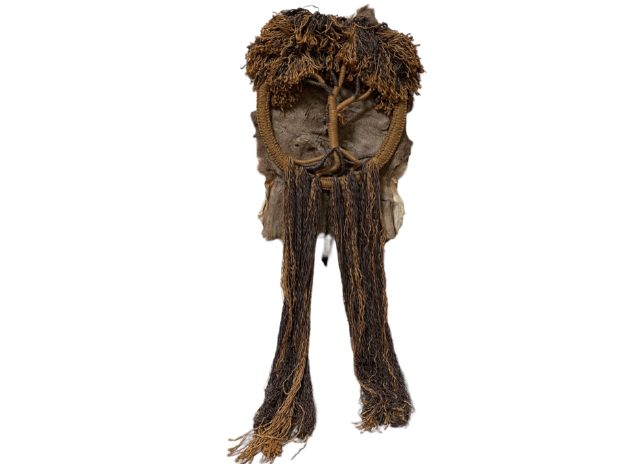Signed Handmade Macrame Tree With Deer Skin Wall Decor Signed On Back 30W X 82L [Photo 2]