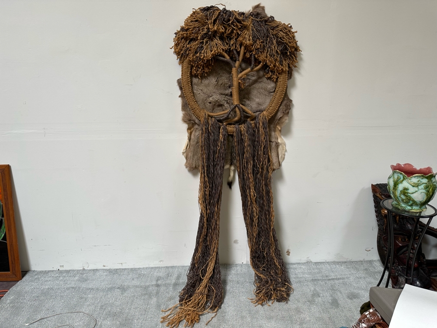 Signed Handmade Macrame Tree With Deer Skin Wall Decor Signed On Back 30W X 82L [Photo 5]