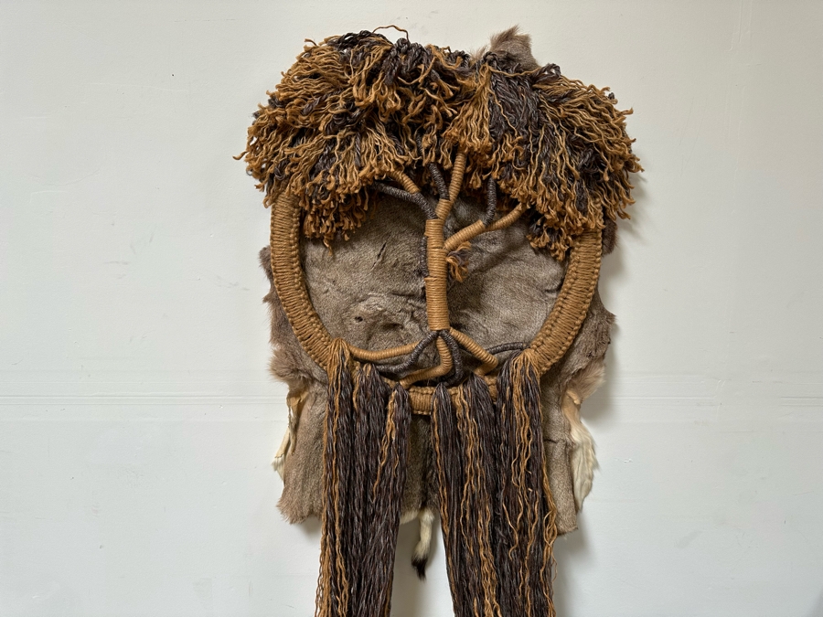 Signed Handmade Macrame Tree With Deer Skin Wall Decor Signed On Back 30W X 82L [Photo 6]
