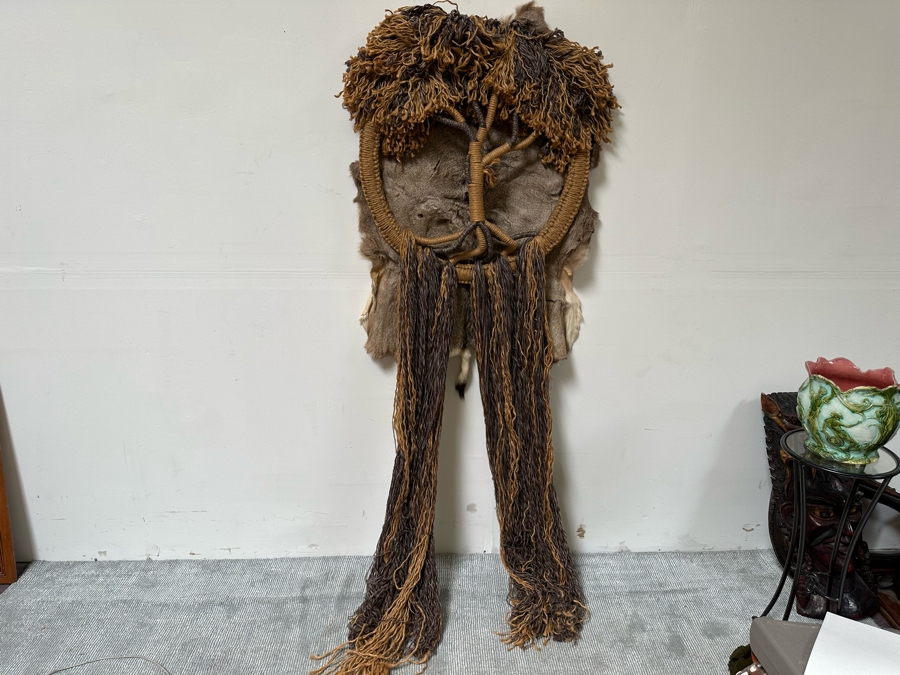 Signed Handmade Macrame Tree With Deer Skin Wall Decor Signed On Back 30W X 82L [Photo 3]