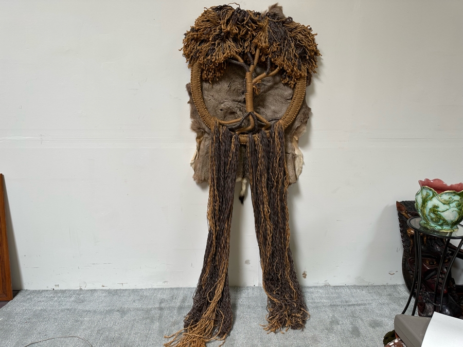 Signed Handmade Macrame Tree With Deer Skin Wall Decor Signed On Back 30W X 82L [Photo 4]