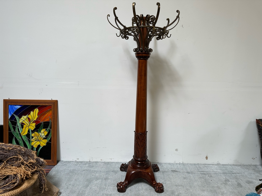 Impressive Antique Carved Wooden Claw Footed Coat Rack (Several Screws Missing On Top Brass Rack) From Historic Hotel In Riverside 30W X 75H [Photo 2]