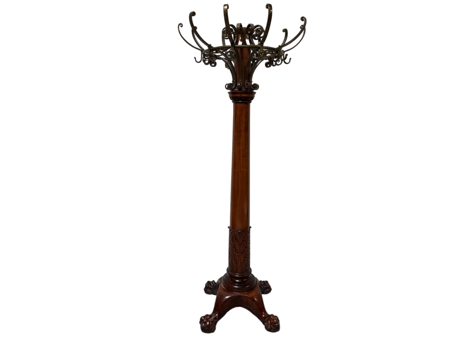 Impressive Antique Carved Wooden Claw Footed Coat Rack (Several Screws Missing On Top Brass Rack) From Historic Hotel In Riverside 30W X 75H
