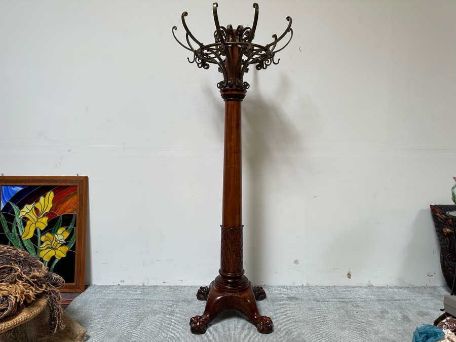 Impressive Antique Carved Wooden Claw Footed Coat Rack (Several Screws Missing On Top Brass Rack) From Historic Hotel In Riverside 30W X 75H [Photo 3]