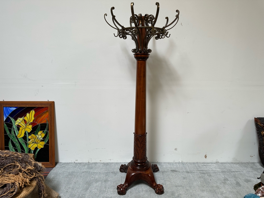 Impressive Antique Carved Wooden Claw Footed Coat Rack (Several Screws Missing On Top Brass Rack) From Historic Hotel In Riverside 30W X 75H [Photo 4]