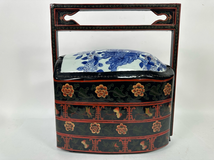 Vintage Chinese Hand Painted Lacquer 3 Compartment Wedding Box With Hand Painted Dragon Porcelain Top 16W X 9D X 18H [Photo 11]