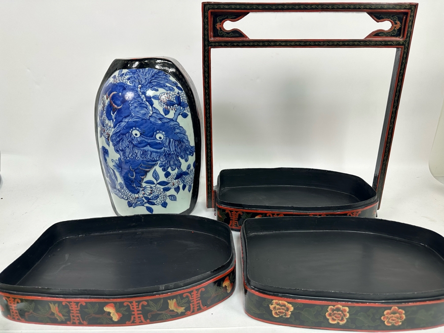 Vintage Chinese Hand Painted Lacquer 3 Compartment Wedding Box With Hand Painted Dragon Porcelain Top 16W X 9D X 18H [Photo 19]