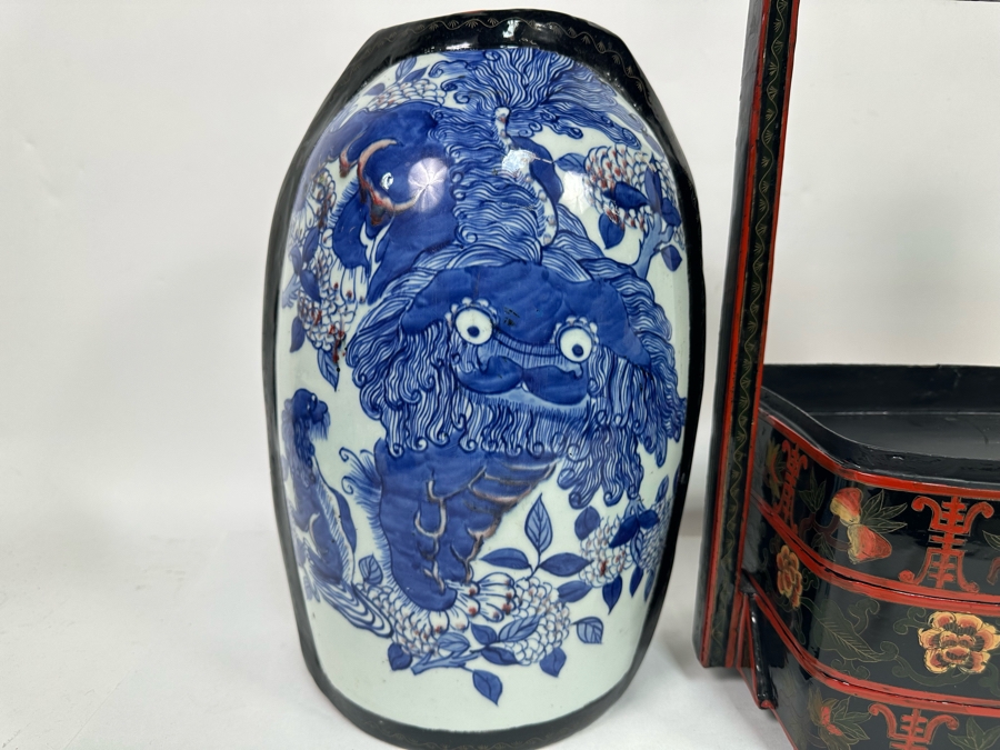 Vintage Chinese Hand Painted Lacquer 3 Compartment Wedding Box With Hand Painted Dragon Porcelain Top 16W X 9D X 18H [Photo 15]