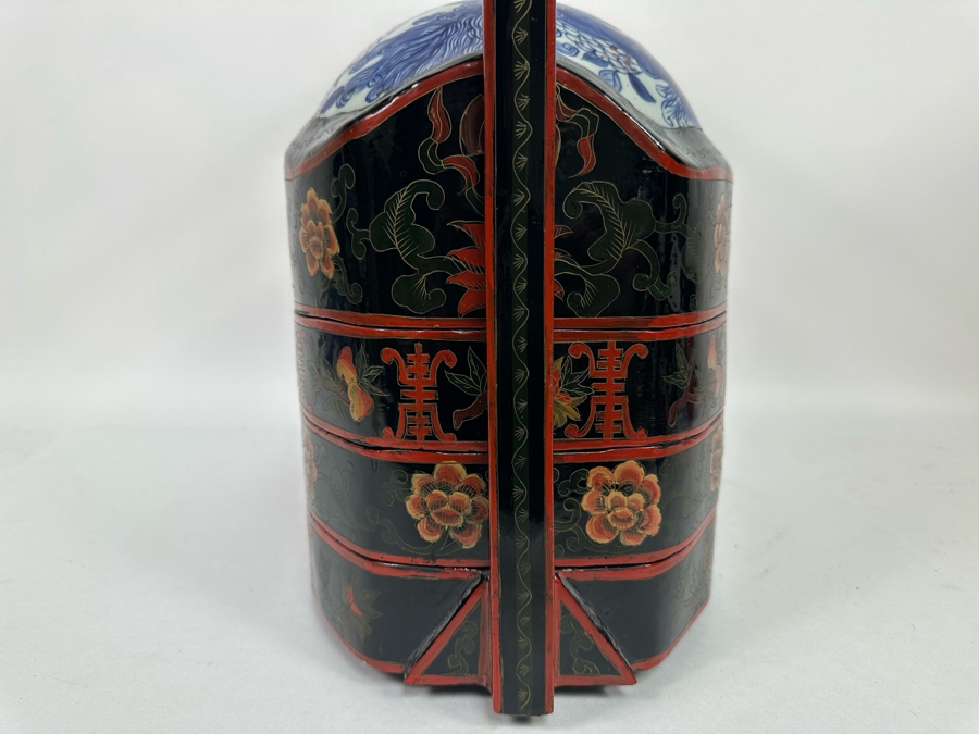 Vintage Chinese Hand Painted Lacquer 3 Compartment Wedding Box With Hand Painted Dragon Porcelain Top 16W X 9D X 18H [Photo 22]