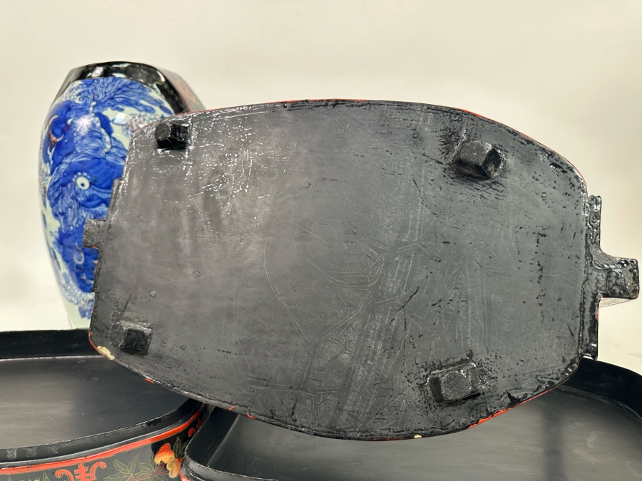 Vintage Chinese Hand Painted Lacquer 3 Compartment Wedding Box With Hand Painted Dragon Porcelain Top 16W X 9D X 18H [Photo 20]