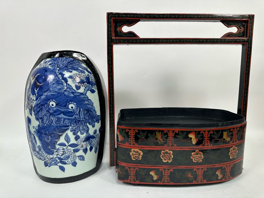 Vintage Chinese Hand Painted Lacquer 3 Compartment Wedding Box With Hand Painted Dragon Porcelain Top 16W X 9D X 18H [Photo 13]