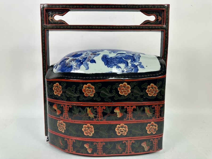 Vintage Chinese Hand Painted Lacquer 3 Compartment Wedding Box With Hand Painted Dragon Porcelain Top 16W X 9D X 18H [Photo 4]