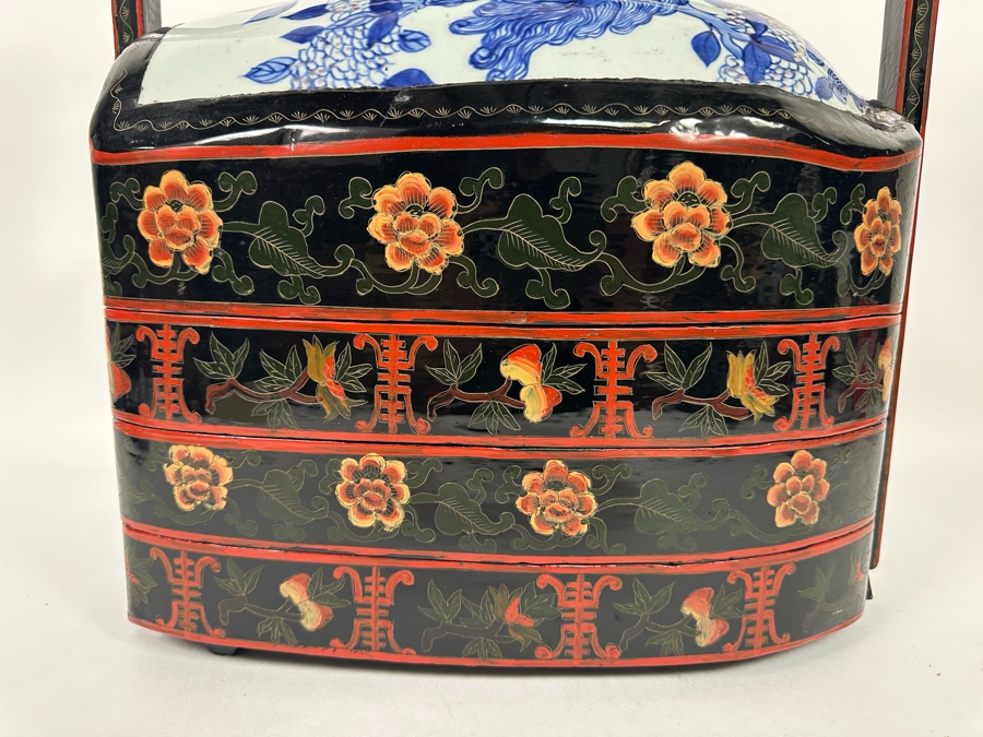 Vintage Chinese Hand Painted Lacquer 3 Compartment Wedding Box With Hand Painted Dragon Porcelain Top 16W X 9D X 18H [Photo 12]