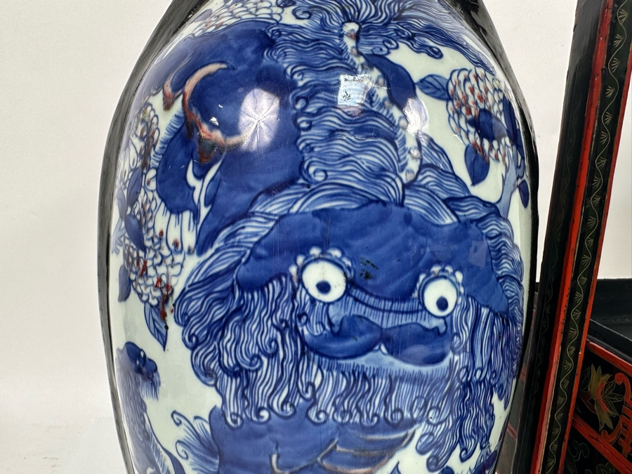 Vintage Chinese Hand Painted Lacquer 3 Compartment Wedding Box With Hand Painted Dragon Porcelain Top 16W X 9D X 18H [Photo 16]