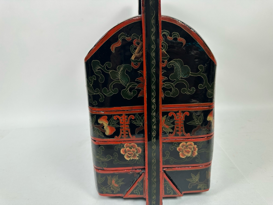 Vintage Chinese Hand Painted Lacquer 3 Compartment Wedding Box With Hand Painted Dragon Porcelain Top 16W X 9D X 18H [Photo 21]