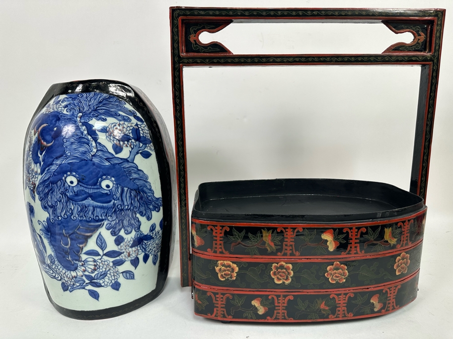 Vintage Chinese Hand Painted Lacquer 3 Compartment Wedding Box With Hand Painted Dragon Porcelain Top 16W X 9D X 18H [Photo 14]