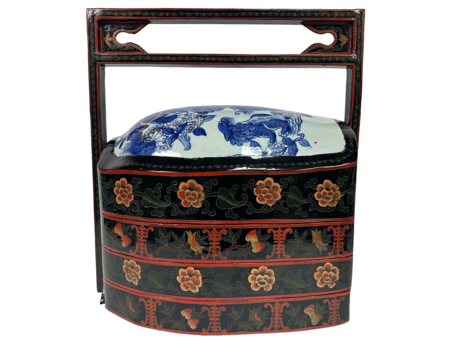 Vintage Chinese Hand Painted Lacquer 3 Compartment Wedding Box With Hand Painted Dragon Porcelain Top 16W X 9D X 18H [Photo 3]