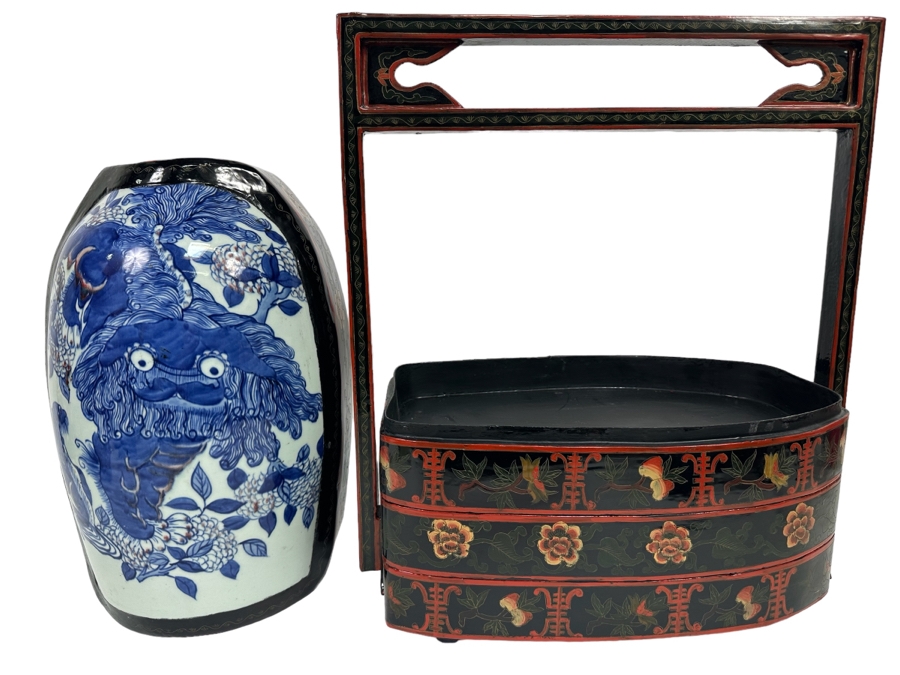 Vintage Chinese Hand Painted Lacquer 3 Compartment Wedding Box With Hand Painted Dragon Porcelain Top 16W X 9D X 18H [Photo 2]