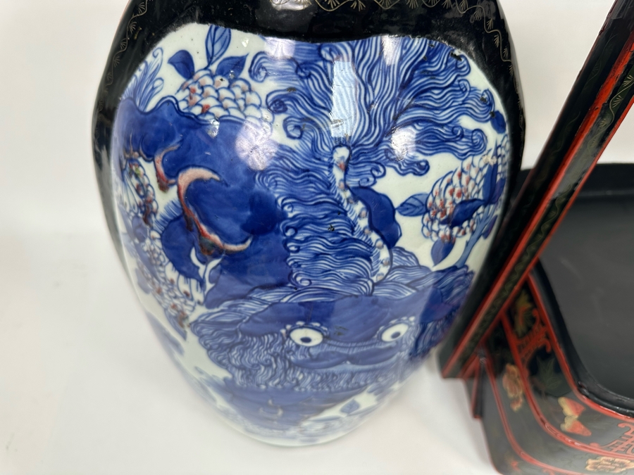 Vintage Chinese Hand Painted Lacquer 3 Compartment Wedding Box With Hand Painted Dragon Porcelain Top 16W X 9D X 18H [Photo 17]