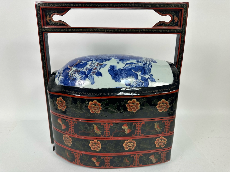 Vintage Chinese Hand Painted Lacquer 3 Compartment Wedding Box With Hand Painted Dragon Porcelain Top 16W X 9D X 18H [Photo 1]