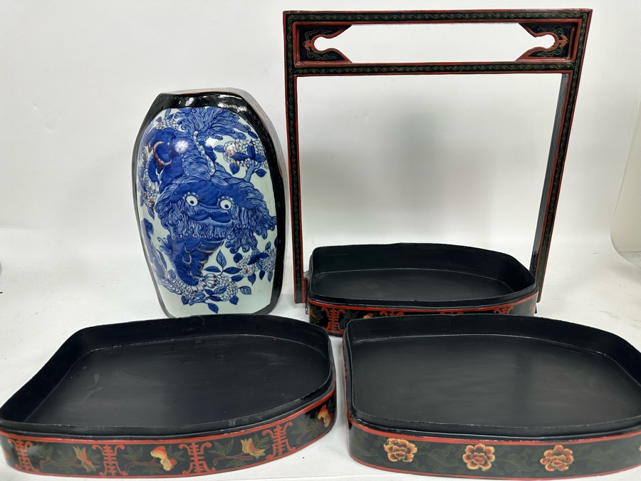 Vintage Chinese Hand Painted Lacquer 3 Compartment Wedding Box With Hand Painted Dragon Porcelain Top 16W X 9D X 18H [Photo 18]