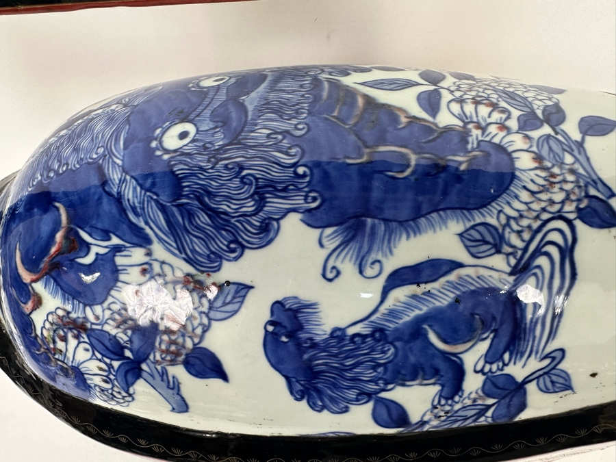 Vintage Chinese Hand Painted Lacquer 3 Compartment Wedding Box With Hand Painted Dragon Porcelain Top 16W X 9D X 18H [Photo 6]