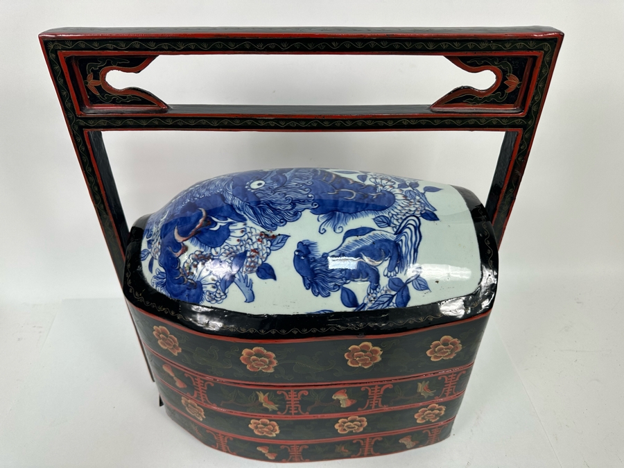 Vintage Chinese Hand Painted Lacquer 3 Compartment Wedding Box With Hand Painted Dragon Porcelain Top 16W X 9D X 18H [Photo 5]