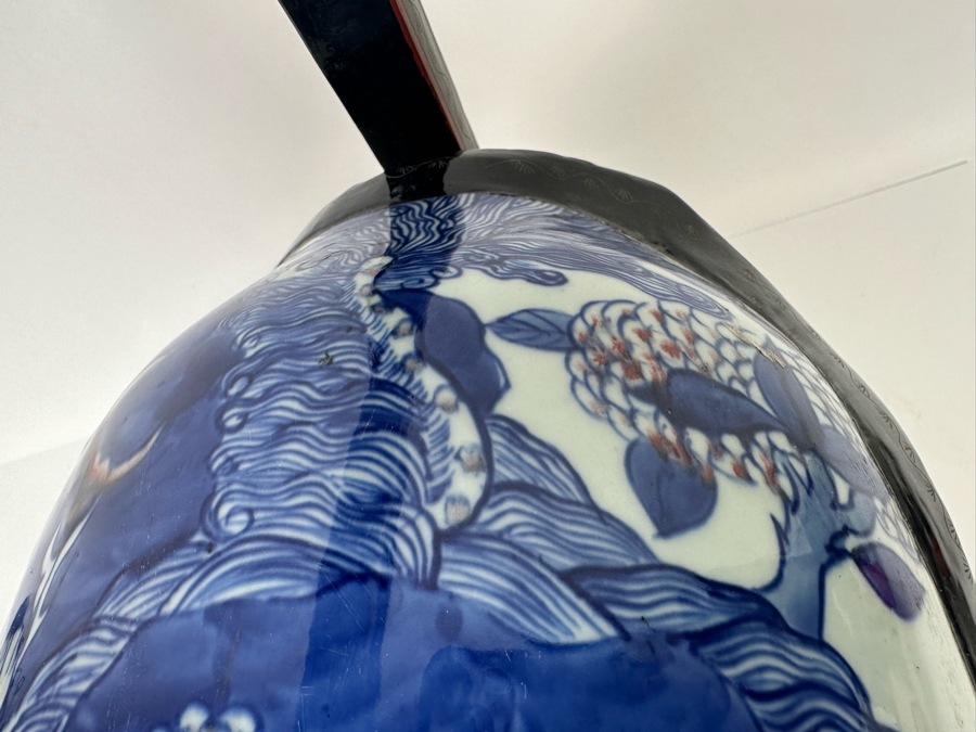 Vintage Chinese Hand Painted Lacquer 3 Compartment Wedding Box With Hand Painted Dragon Porcelain Top 16W X 9D X 18H [Photo 10]