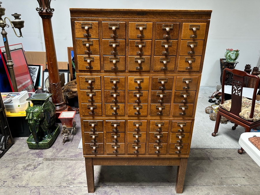 Impressive Vintage 5-Piece Oak Library Card Catalog Cabinets With Stand By Gaylord Bros, Inc 32.5W X 18D X 57.5H [Photo 4]