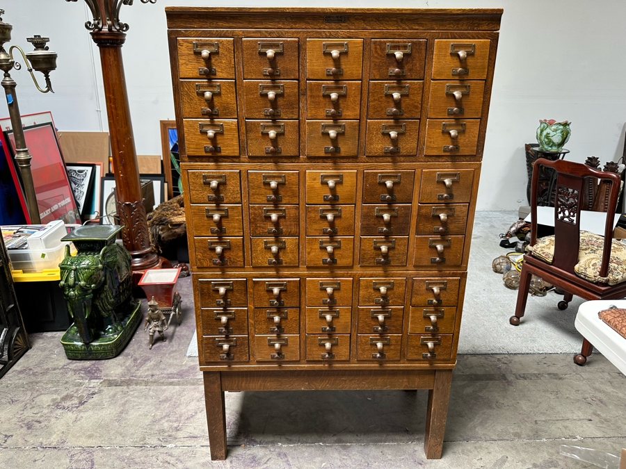 Impressive Vintage 5-Piece Oak Library Card Catalog Cabinets With Stand By Gaylord Bros, Inc 32.5W X 18D X 57.5H [Photo 3]