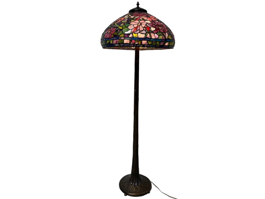 Stunning Stained Glass Lamp Shade Supported On A Bronze Tree Root Floor Lamp 21W X 62H [Photo 2]