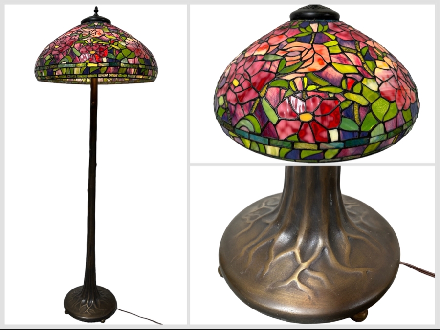 Stunning Stained Glass Lamp Shade Supported On A Bronze Tree Root Floor Lamp 21W X 62H [Photo 1]