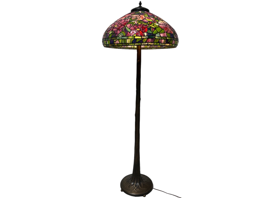 Stunning Stained Glass Lamp Shade Supported On A Bronze Tree Root Floor Lamp 21W X 62H [Photo 2]
