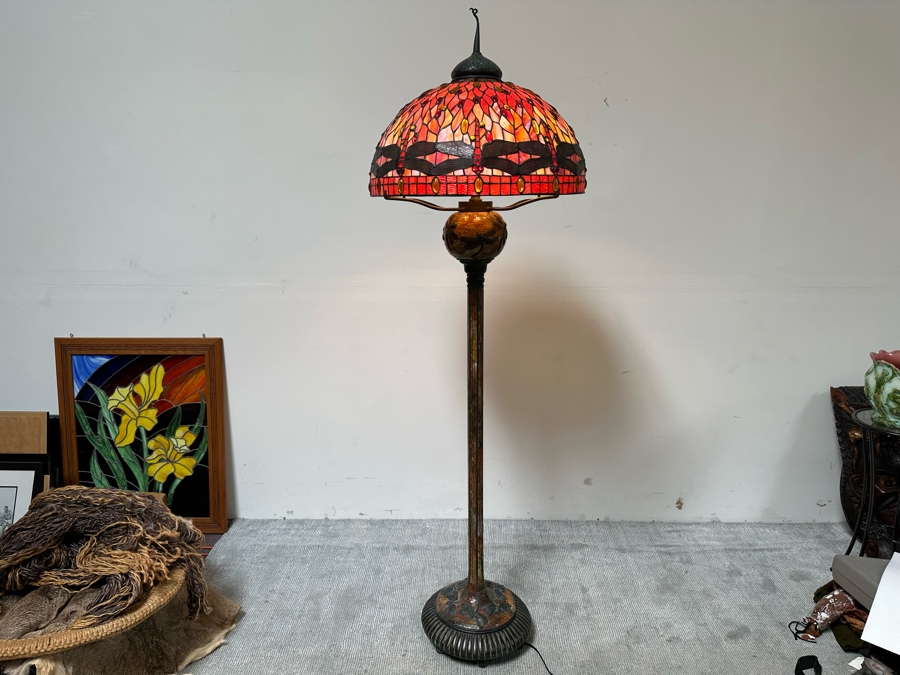 Large Dragonfly Stained Glass Lamp Shade 25W With Heavy Dragonfly Decorated Bronze Floor Lamp 80H - Must See In Person [Photo 5]
