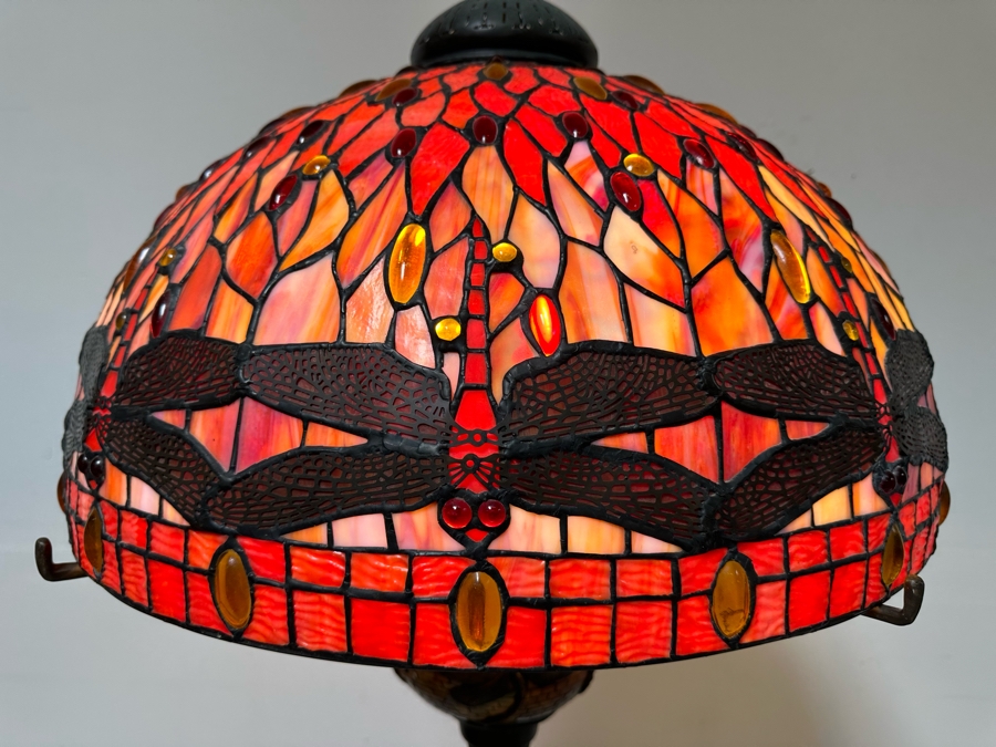 Large Dragonfly Stained Glass Lamp Shade 25W With Heavy Dragonfly Decorated Bronze Floor Lamp 80H - Must See In Person [Photo 6]