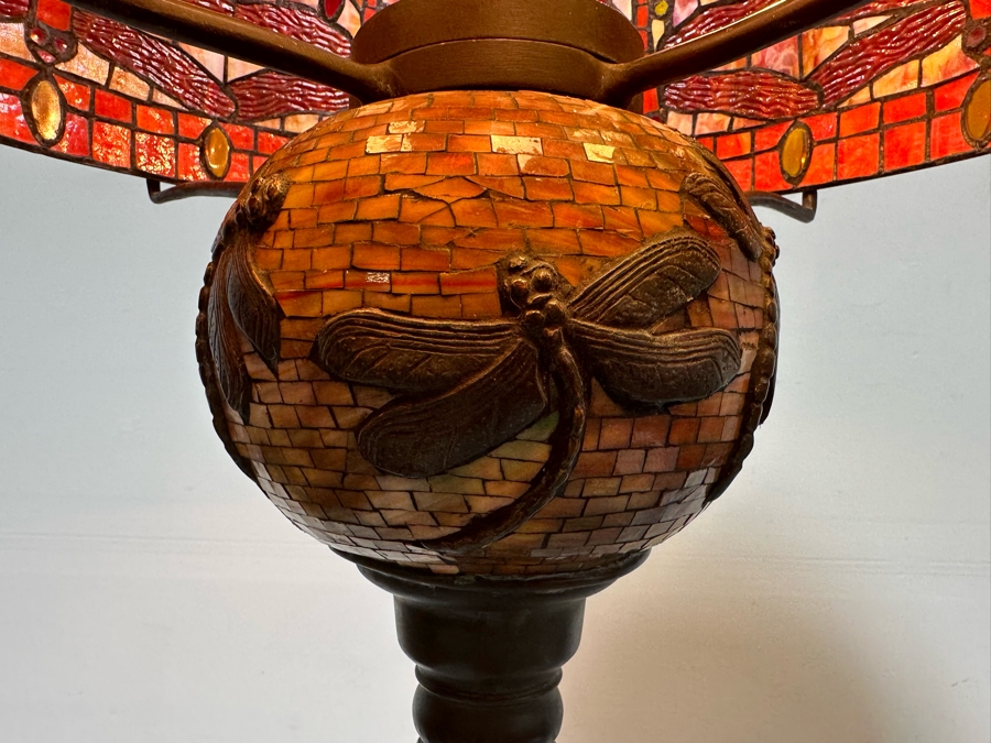Large Dragonfly Stained Glass Lamp Shade 25W With Heavy Dragonfly Decorated Bronze Floor Lamp 80H - Must See In Person [Photo 9]