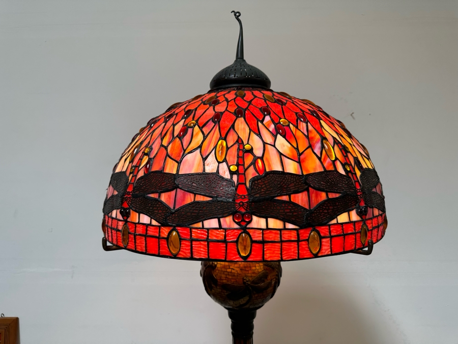 Large Dragonfly Stained Glass Lamp Shade 25W With Heavy Dragonfly Decorated Bronze Floor Lamp 80H - Must See In Person [Photo 16]